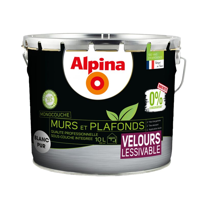 Peinture MURS ET PLAFONDS ALPINA 0% CONSERVATEURS Acrylique blanc Mat 10 L