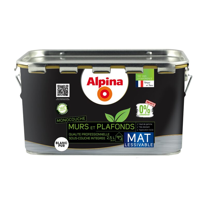 Peinture MURS ET PLAFONDS ALPINA 0% CONSERVATEURS Acrylique blanc Mat 2,5 L