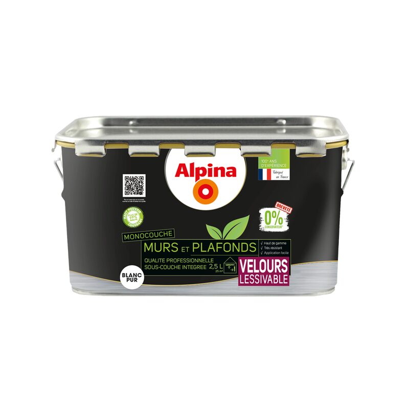 Peinture MURS ET PLAFONDS ALPINA 0% CONSERVATEURS Acrylique blanc Mat 2,5 L