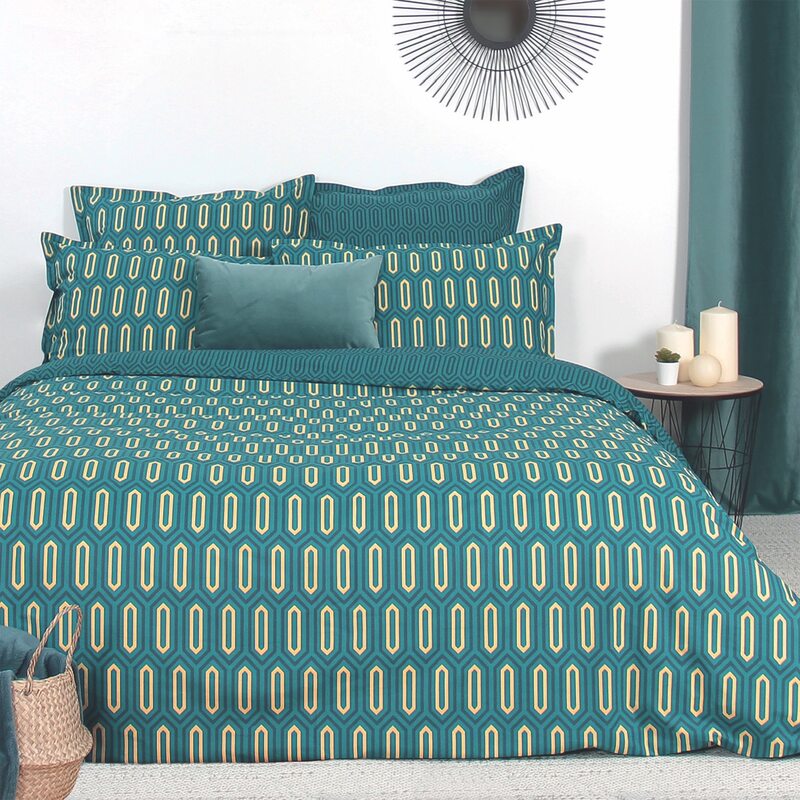 Parure de lit en percale de coton PAST coloris vert émeraude 260 x 240 cm
