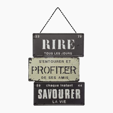 Plaque métal PROFITER DE LA VIE gris, blanc et noir