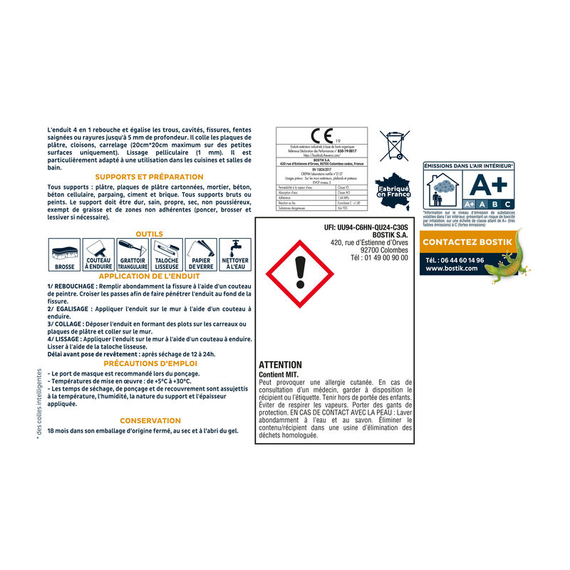 Enduit de rebouchage et lissage BOSTIK 4 Kg