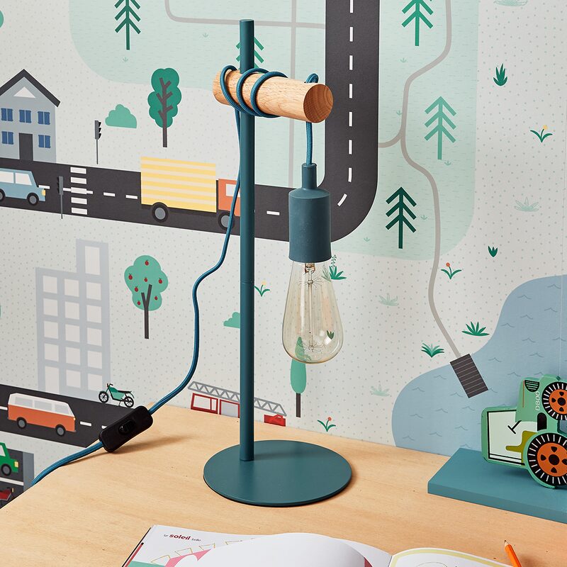 Lampe à poser PAULIEN coloris bois clair et bleu 50 x 15 cm