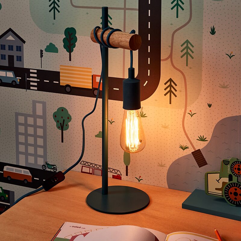 Lampe à poser PAULIEN coloris bois clair et bleu 50 x 15 cm
