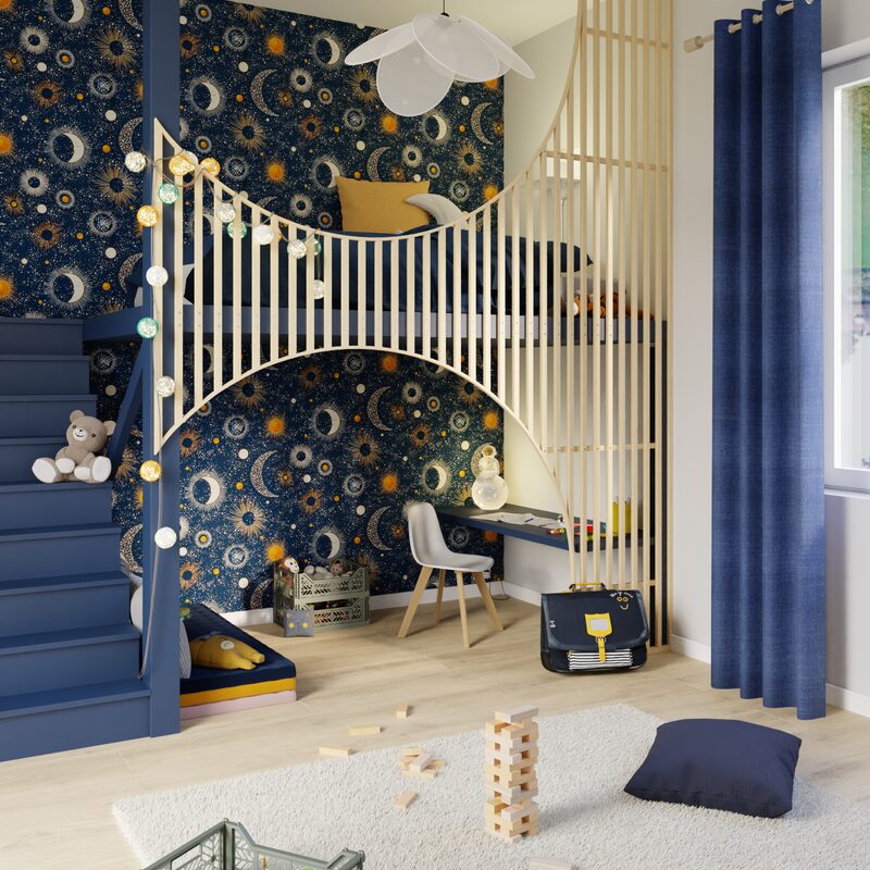 Papier peint intissé TO THE MOON BY E. RIVASSOUX coloris bleu nuit