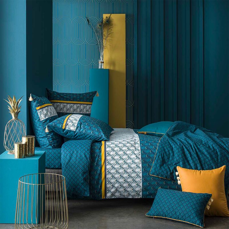 Parure de lit VIKTOR coloris bleu canard/ jaune 240 x 220 cm