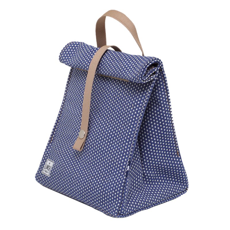 Glacière SAC LUNCH coloris pois bleu/blanc avec sangle beige