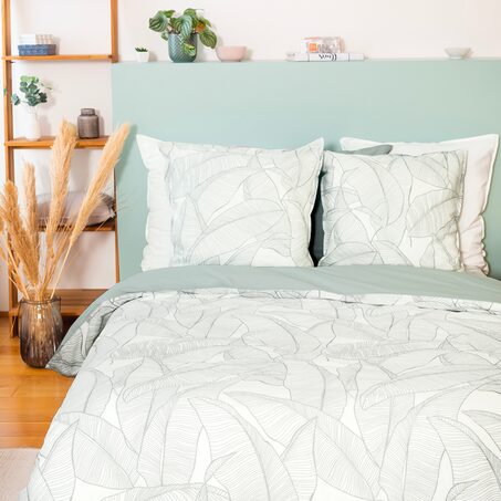 Parure de lit lin et coton lavé PAMPELUNE blanc / vert 260 x 240 cm