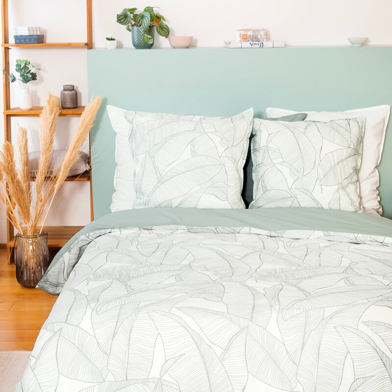 Parure de lit lin et coton lavé PAMPELUNE coloris blanc / vert 260 x 240 cm