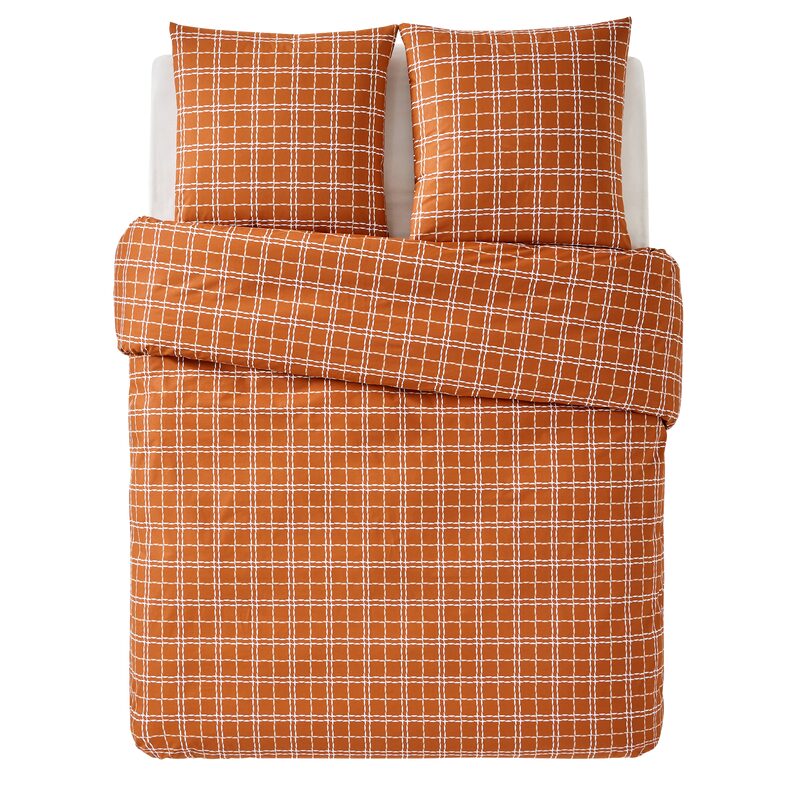 Parure de lit en toile de coton CRAFTED CHECK coloris camel 240 x 220 cm