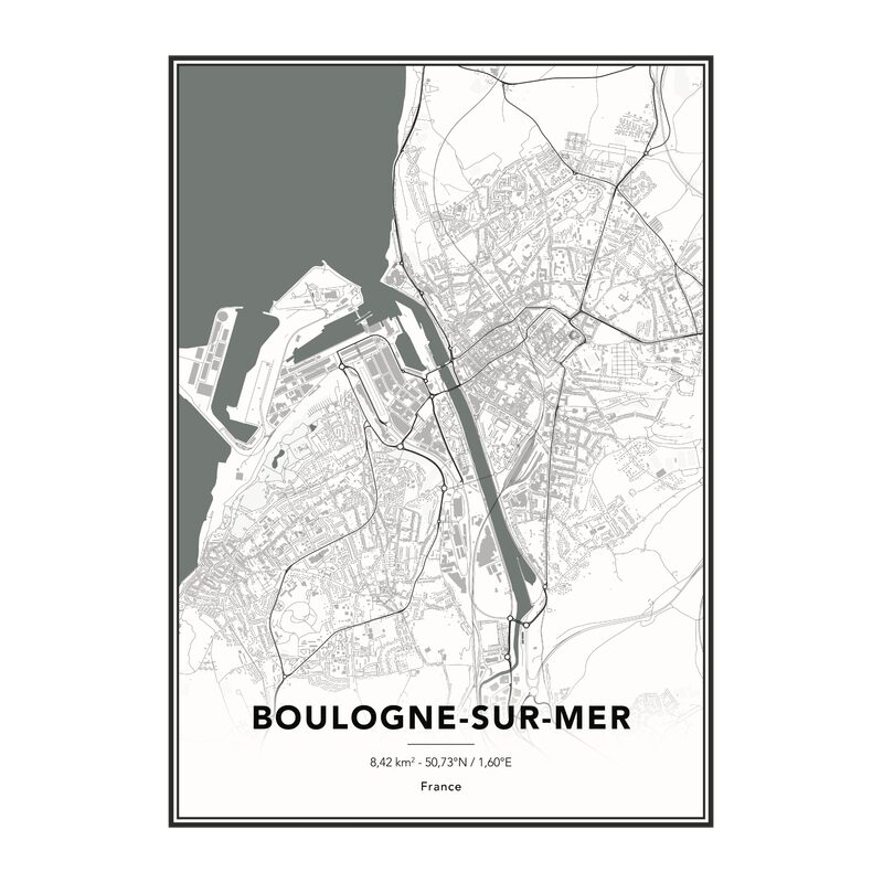Image sous verre MAP BOULOGNE SUR MER 50 x 70 cm