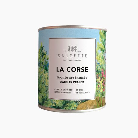Saugette Bougie parfumée CORSE maquis mêlé à la douceur des notes ’olive, rose jasmin sur fond d’ambre et de myrrhe.