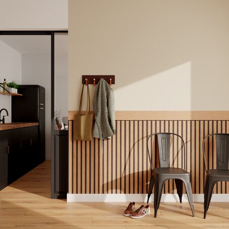 4MURS Papier peint intissé SOUBASSEMENT TASSEAUX bois clair