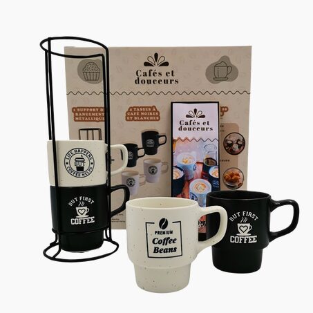 Coffret tasses CAFÉS & DOUCEURS coloris noir et blanc