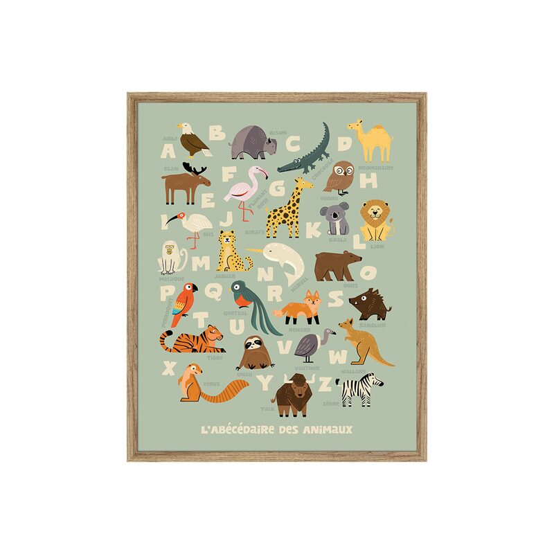 Image encadrée ABECEDAIRE LA CARTE DES ANIMAUX coloris vert
