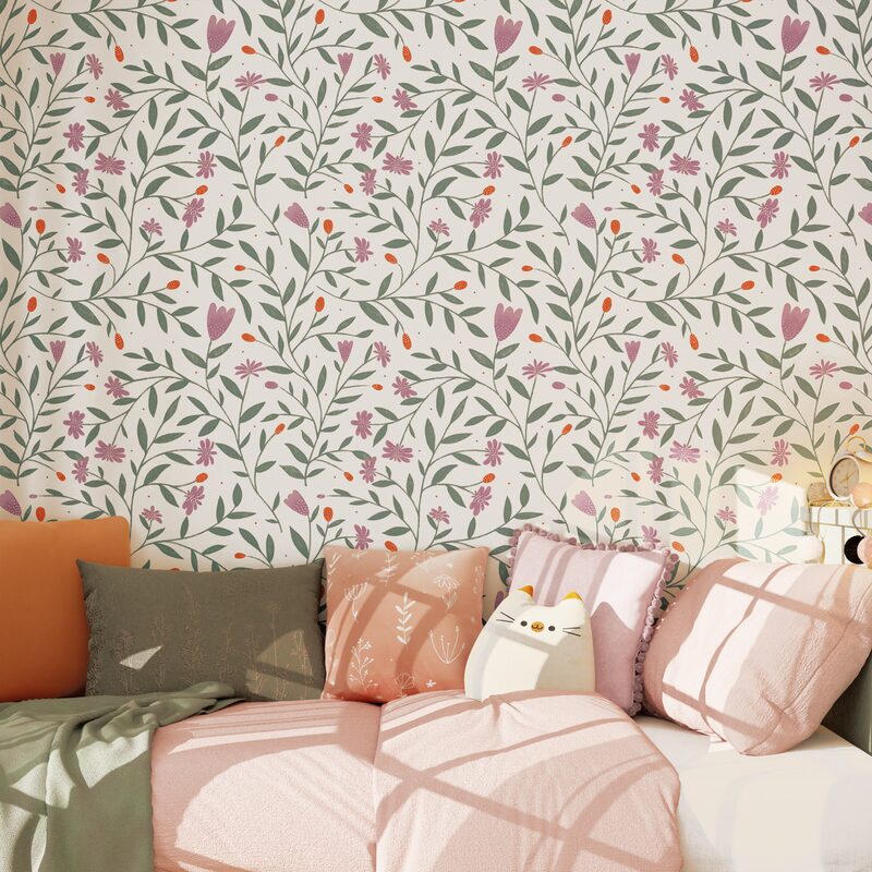 Papier peint intissé TULIPS coloris mauve et vert émeraude