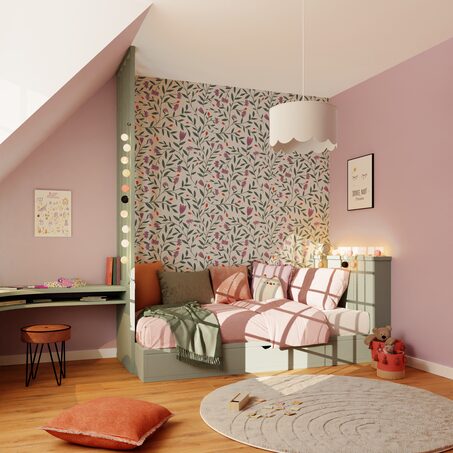 Papier peint intissé TULIPS coloris mauve et vert émeraude