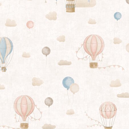 Papier peint intissé AIR BALLOON beige taupe, rose et bleu
