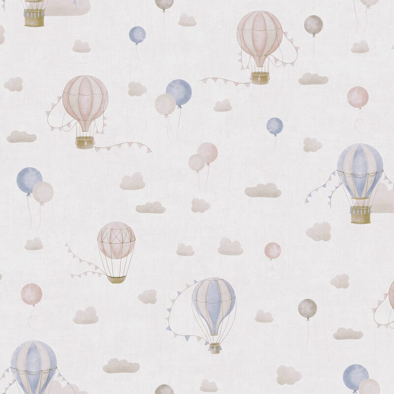 Papier peint intissé AIR BALLOON coloris beige taupe, rose et bleu