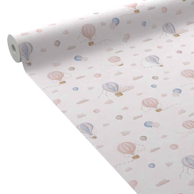 Papier peint intissé AIR BALLOON coloris beige taupe, rose et bleu