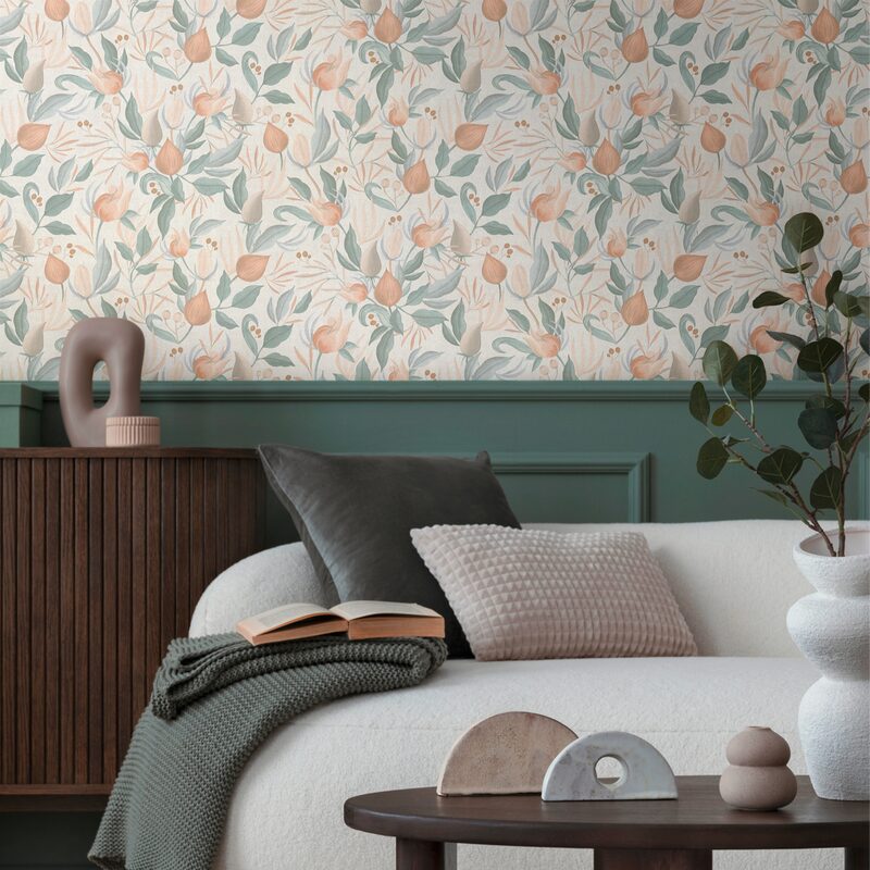 Papier peint intissé STILL BLOOM coloris vert de gris et rose orangé