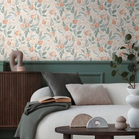 Papier peint intissé STILL BLOOM coloris vert de gris et rose orangé