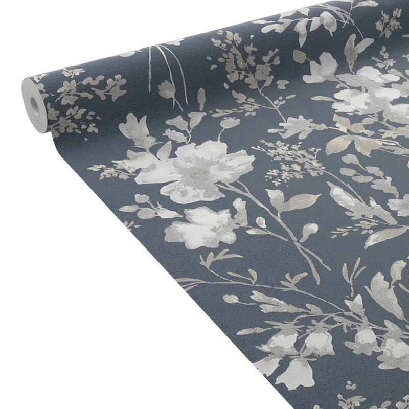 Papier peint intissé PETAL POETRY coloris bleu nuit et argenté