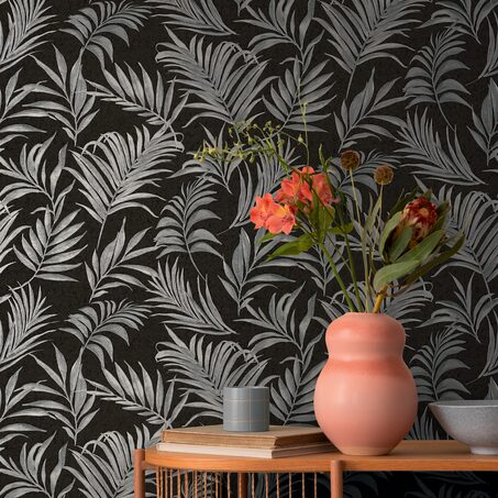 Papier peint intissé MIDNIGHT BOTANICA coloris noir et argenté