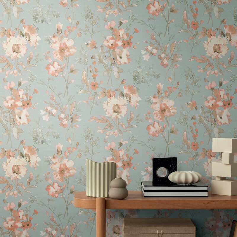 Papier peint intissé PETAL POETRY coloris bleu azurin et rose poudré