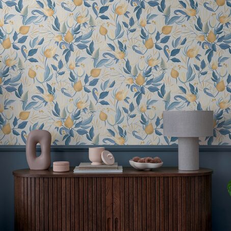 Papier peint intissé STILL BLOOM coloris bleu pétrole et ocre