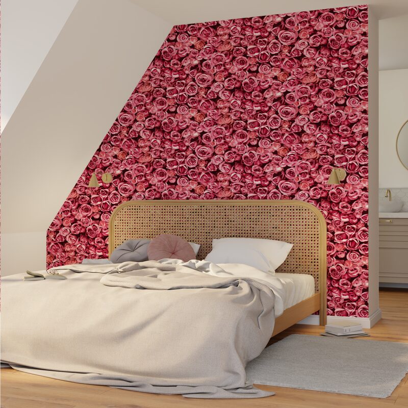Papier peint anglais multicolore intissé, Tapisserie fleurie multicolore  idéale salon, Papier peint grosses fleurs fond rose chambre