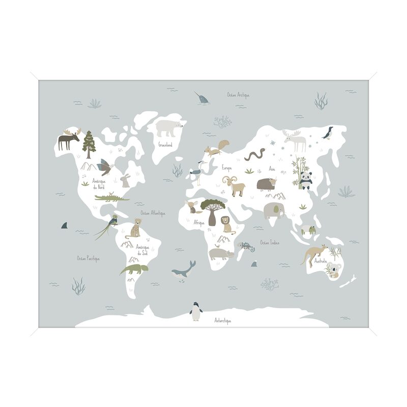 Mappemonde des animaux (anglais) de Kidz Collection en poster, tableau sur  toile et plus